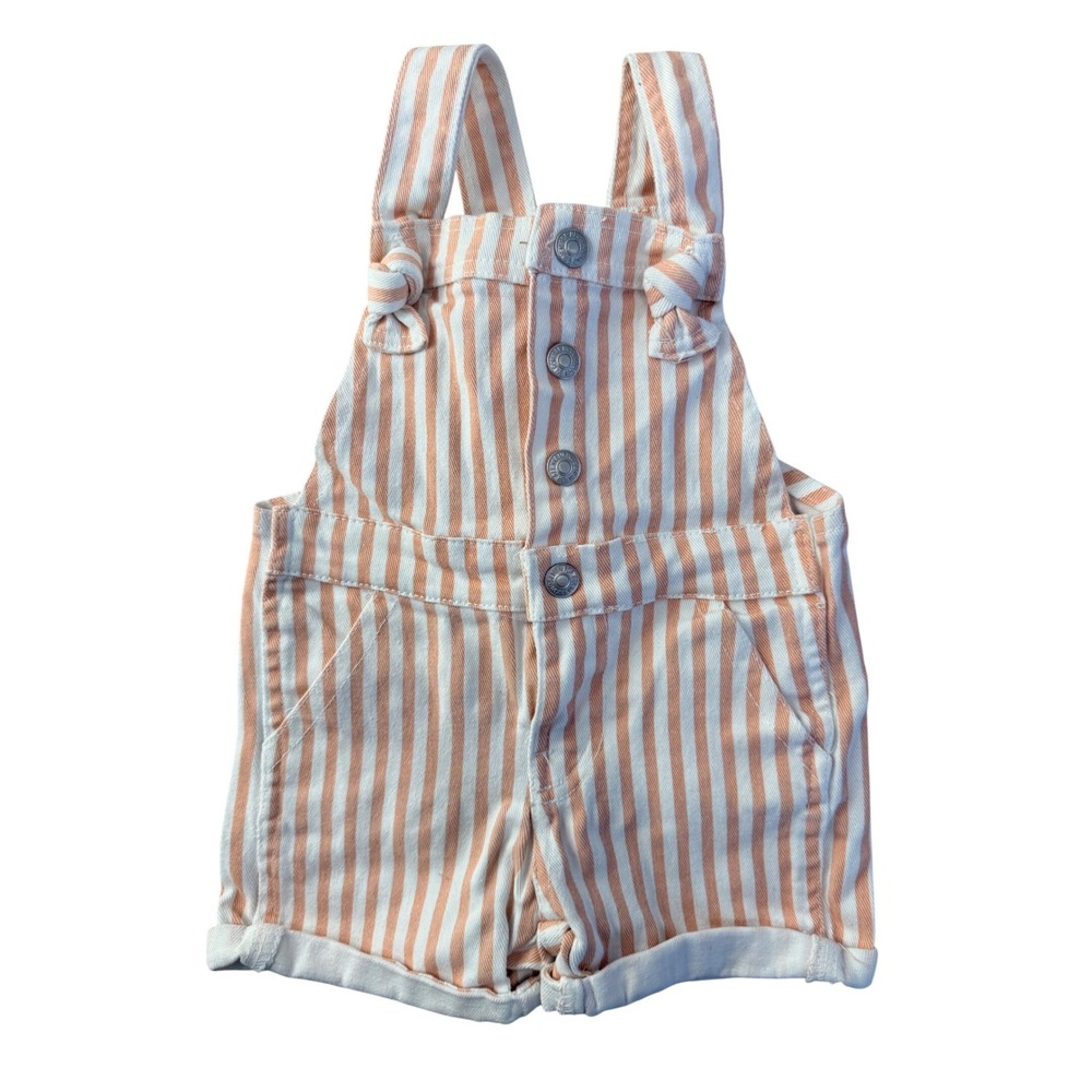 7 For All Mankind Baby Bib Overalls Rose‎ Pink White Stripe Denim Shortalls 18M